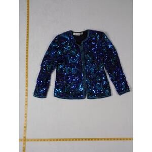 Vintage VTG Laurence Kazar Sequin Beaded Blue Green Petite Small Jacket India